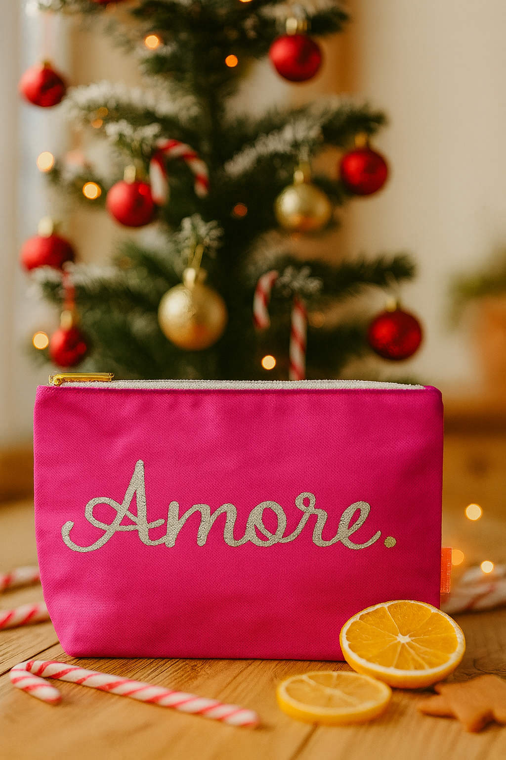 Kosmetiktasche Pink „Amore“ Leinen-Tasche mit silberner Stickerei – Italienischer Print