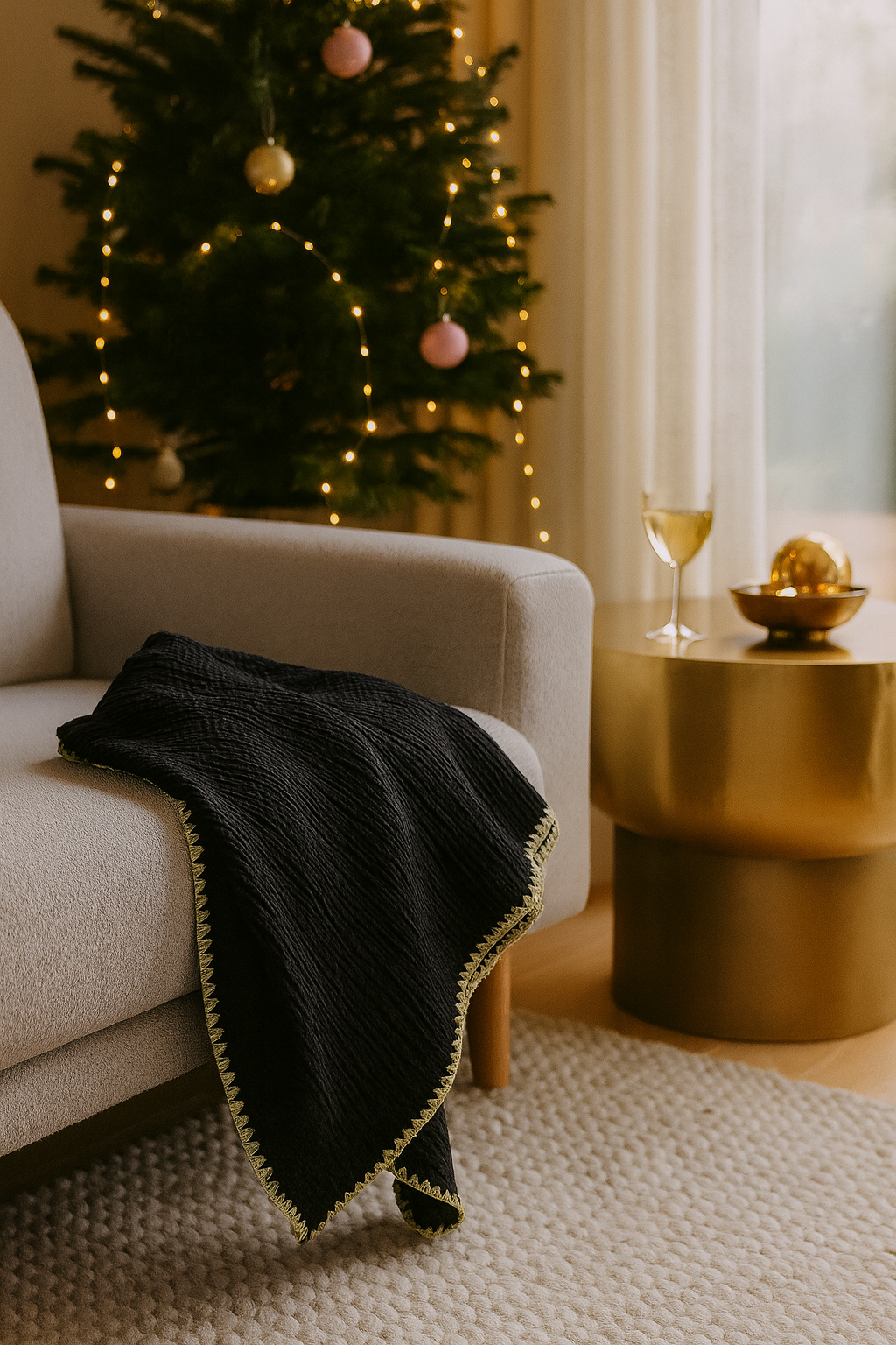 4-lagige Musselin-Decke 150 x 200 cm – Schwarz oder Wollweiß | Hochwertige Kuscheldecke mit goldenem Stick