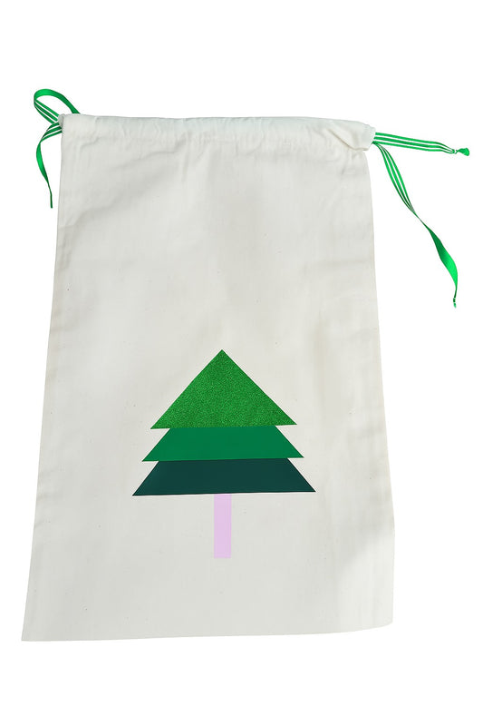 Nachhaltige Geschenkverpackung aus Stoff – wiederverwendbarer Geschenkbeutel mit Weihnachtsbaum-Motiv