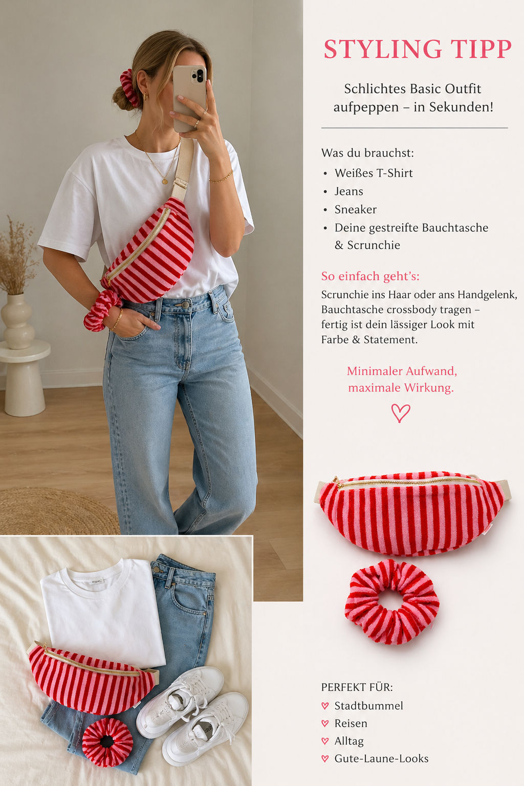Gestreifte Gürteltasche Rot/Rosa & Scrunchie Set – Lipstick Look Crossbody Bag Damen Sommer