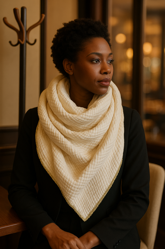 Musselindecke- Tuch – Schwarz mit goldener Kante (130x130 cm)