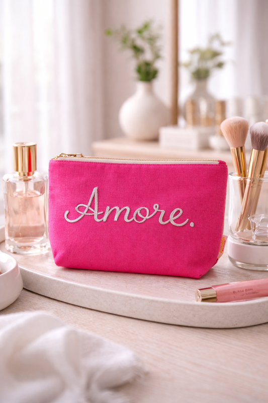 Kosmetiktasche Pink „Amore“ Leinen-Tasche mit silberner Stickerei – Italienischer Print