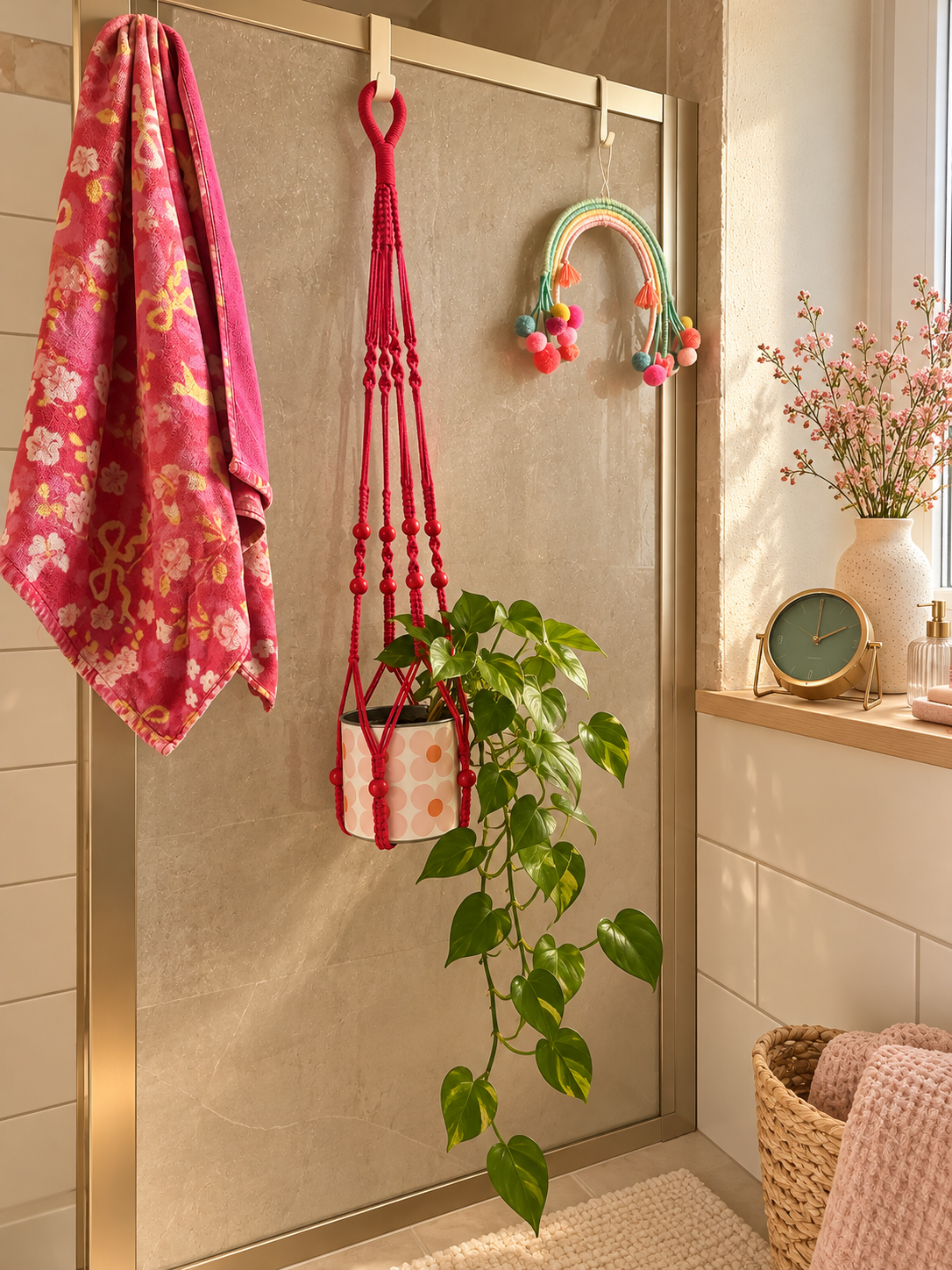 Blumenampel Makramee Pflanzenhänger Rot – moderner Blumenampel Halter für Zimmerpflanzen