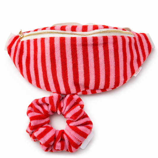 Gestreifte Gürteltasche Rot/Rosa & Scrunchie Set – Lipstick Look Crossbody Bag Damen Sommer