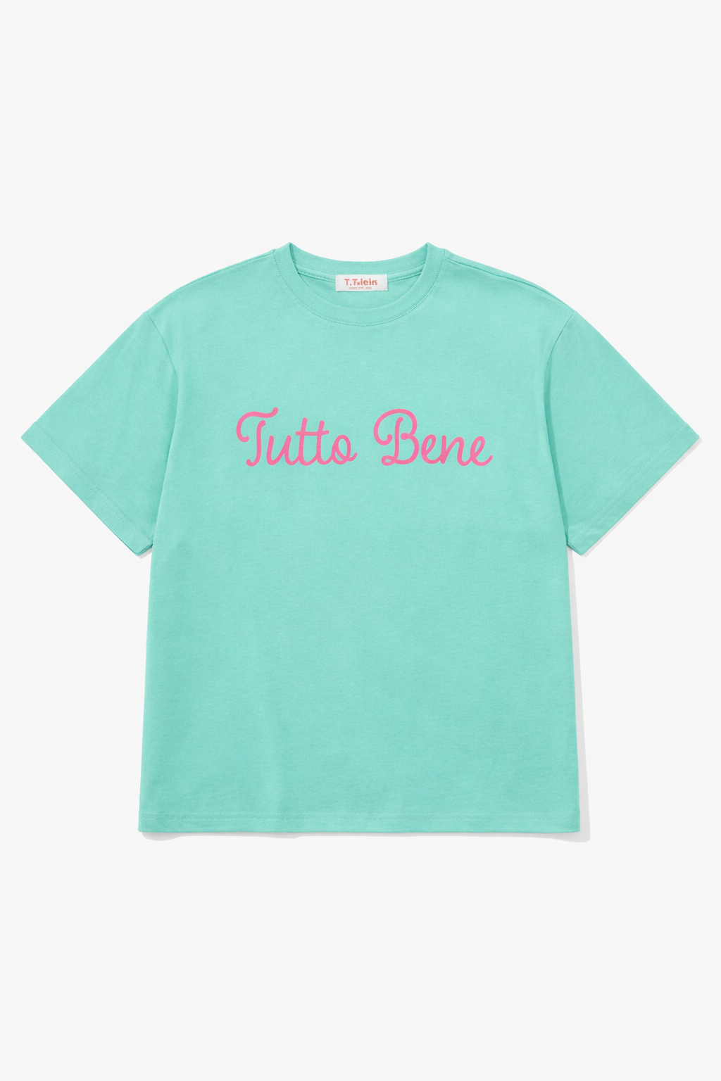 Oversize Cropped T-Shirt „Tutto Bene“ – Türkis mit pinkem Print