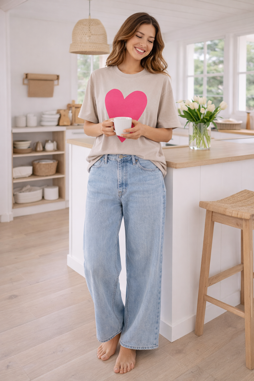 Oversize T-Shirt mit Neon-Herz – sandfarben