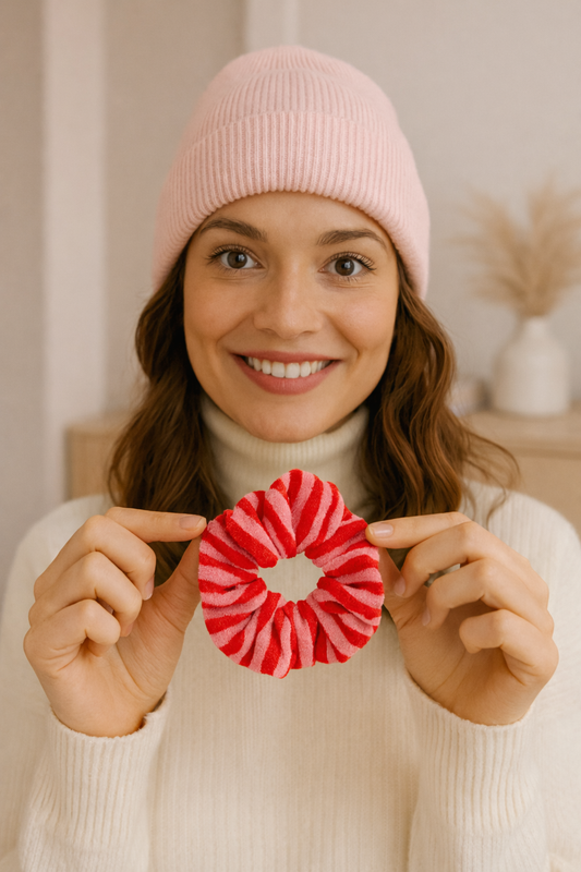Candy Cane Scrunchie – das perfekte Accessoire für einen süßen, weihnachtlichen Look.