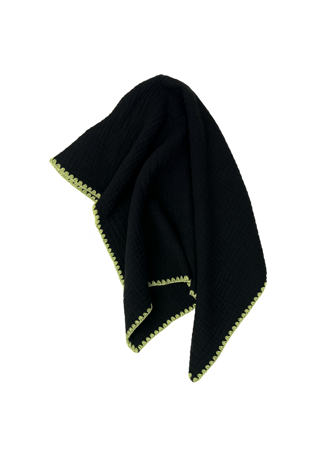 Musselindecke- Tuch – Schwarz mit goldener Kante (130x130 cm)