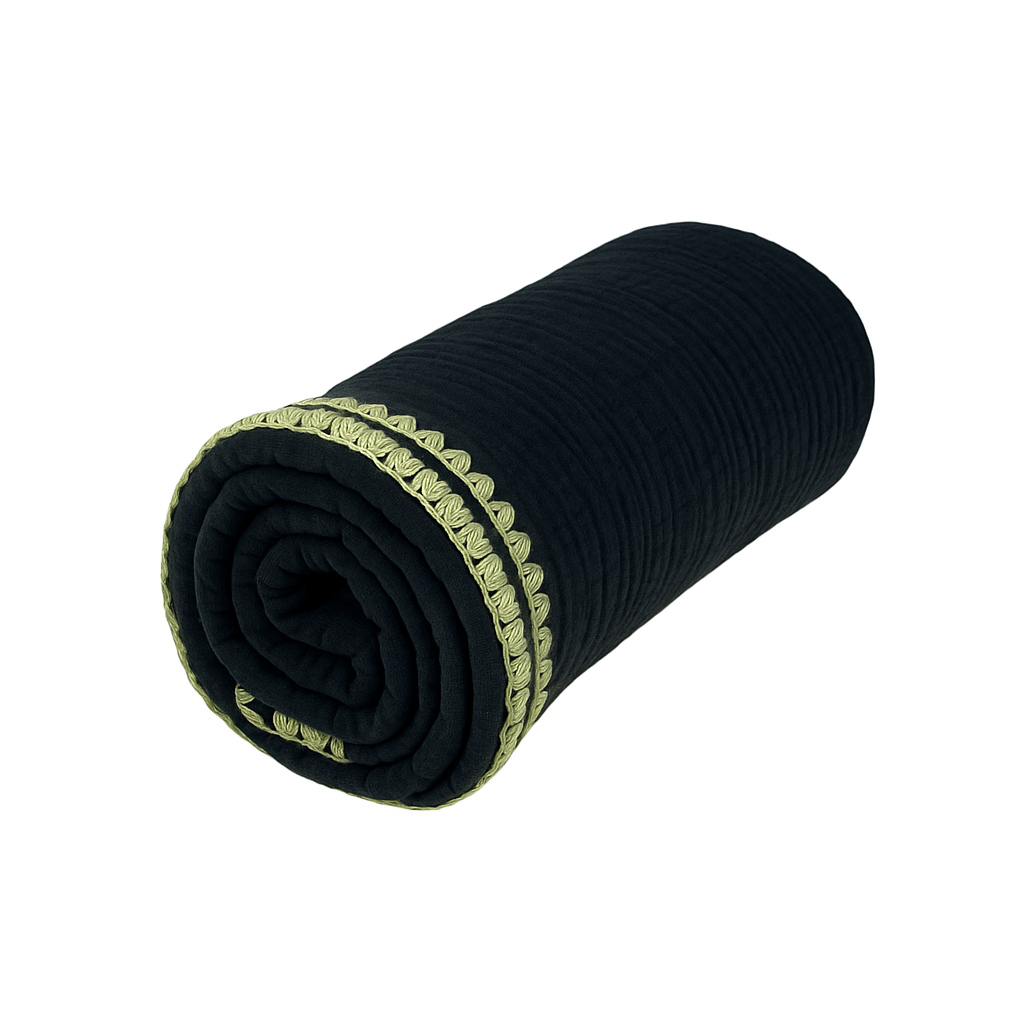 Musselindecke- Tuch – Schwarz mit goldener Kante (130x130 cm)