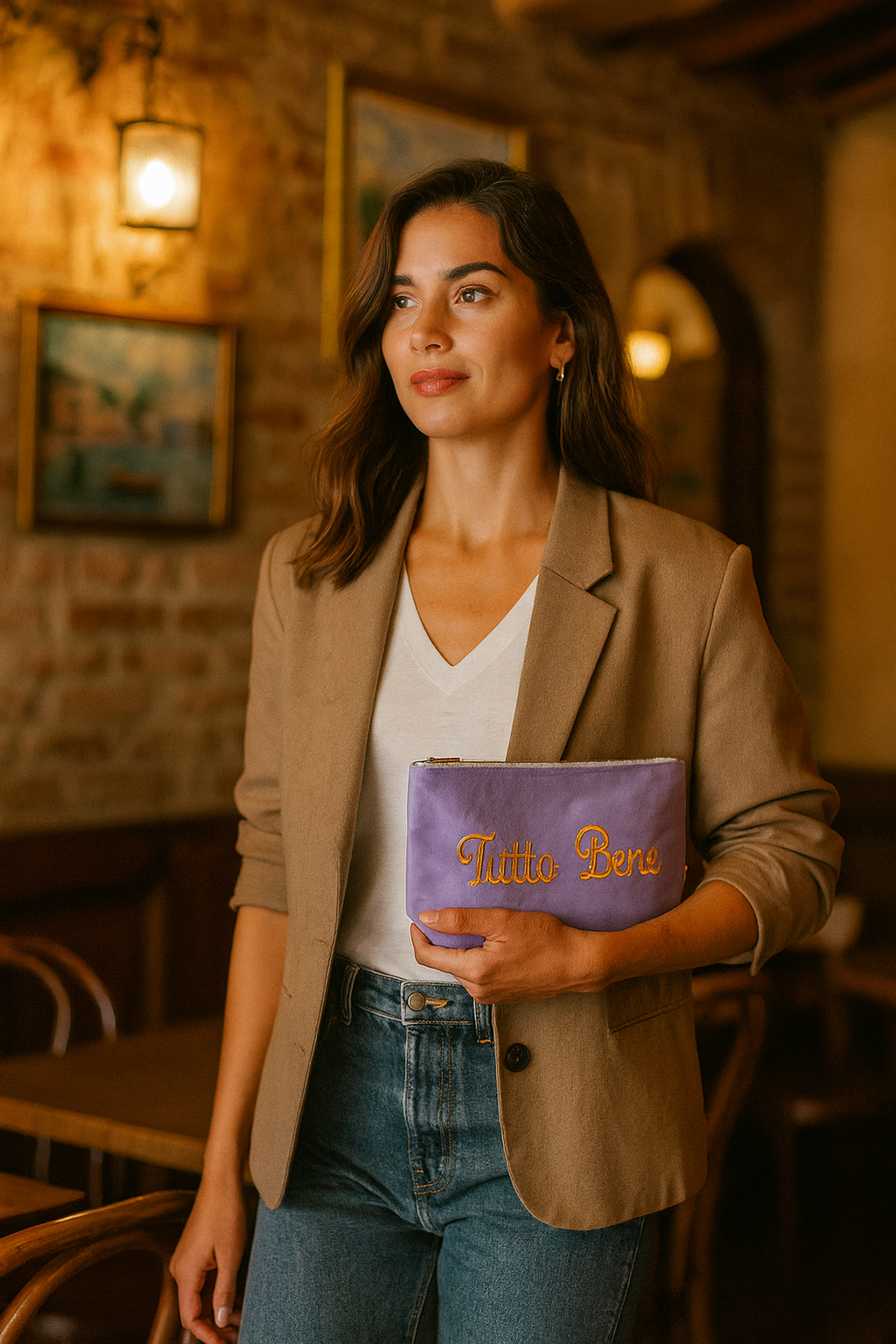 Kosmetiktasche „Tutto Bene“ | Lavendel Leinen-Tasche mit gelber Stickerei – Italienischer Stil