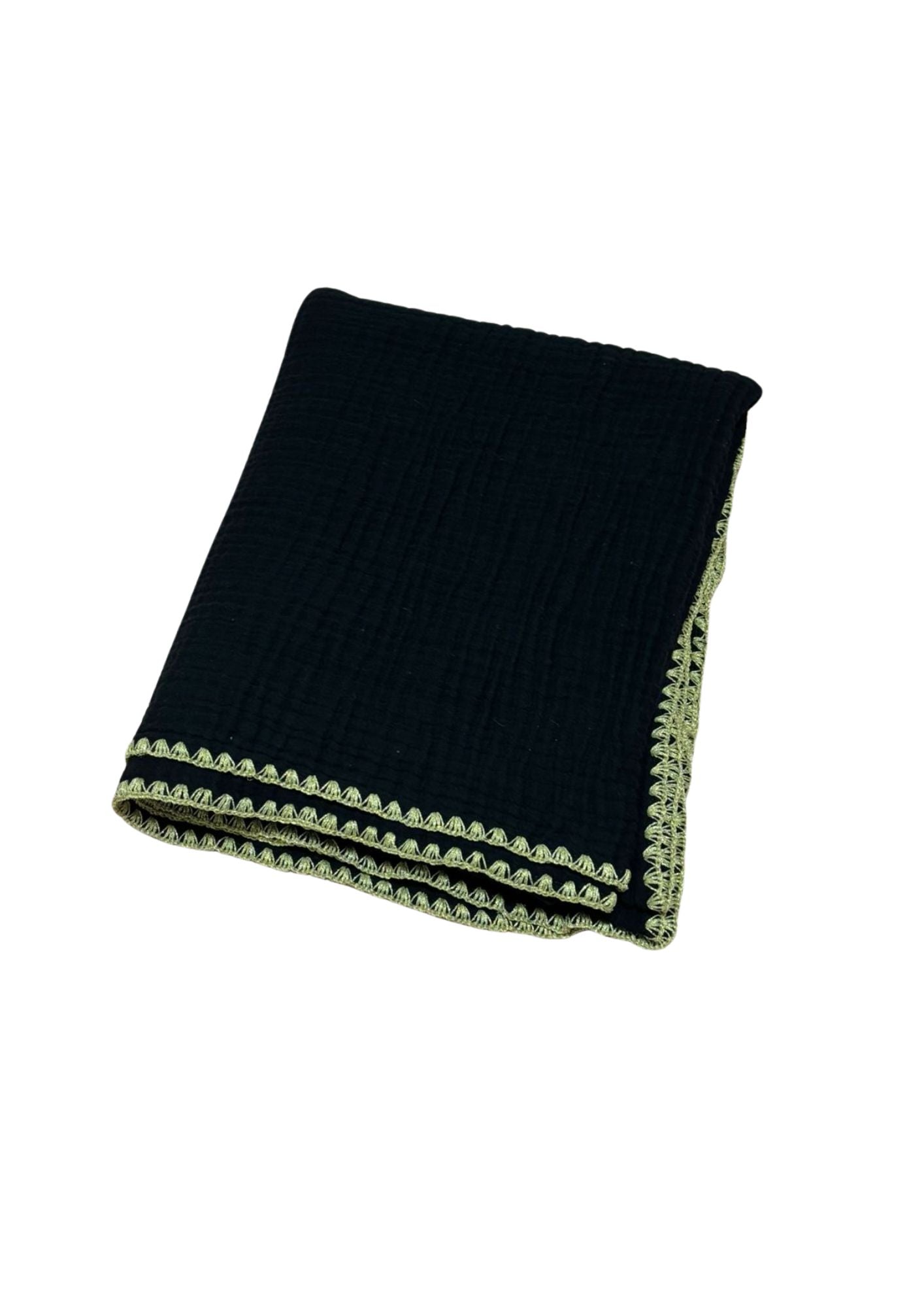 Musselindecke- Tuch – Schwarz mit goldener Kante (130x130 cm)