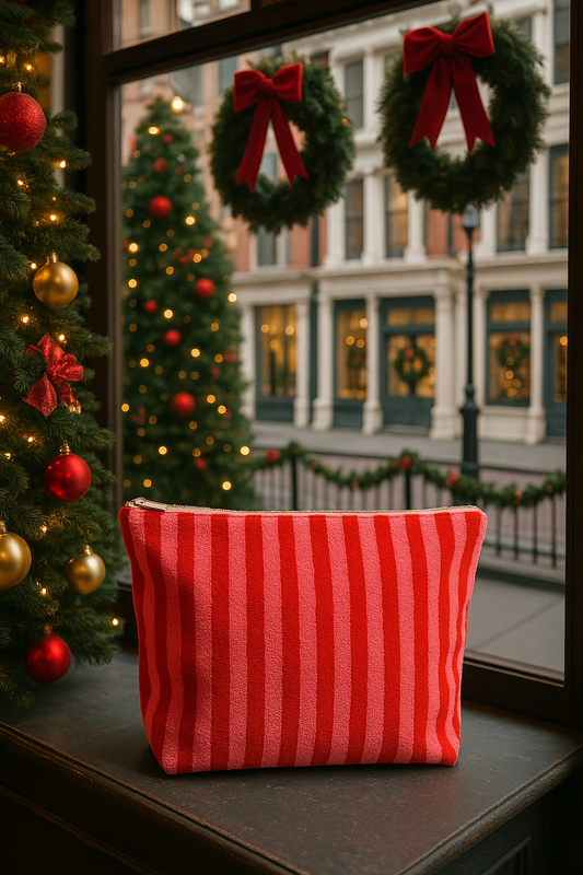 Frottee Kosmetiktasche in Rot & Pink – Stylische Makeup-Tasche im Streifenlook | Ideal für Reise & Alltag