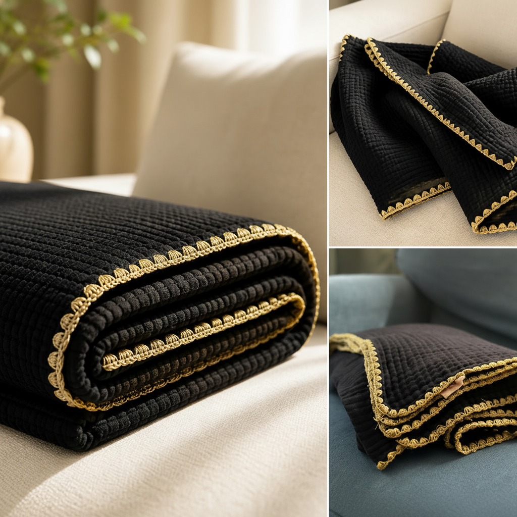 4-lagige Musselin-Decke 150 x 200 cm – Schwarz oder Wollweiß | Hochwertige Kuscheldecke mit goldenem Stick