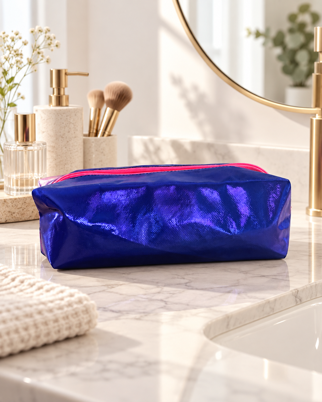 Kosmetiktasche Metallic Blau - mit pinkem Reißverschluss