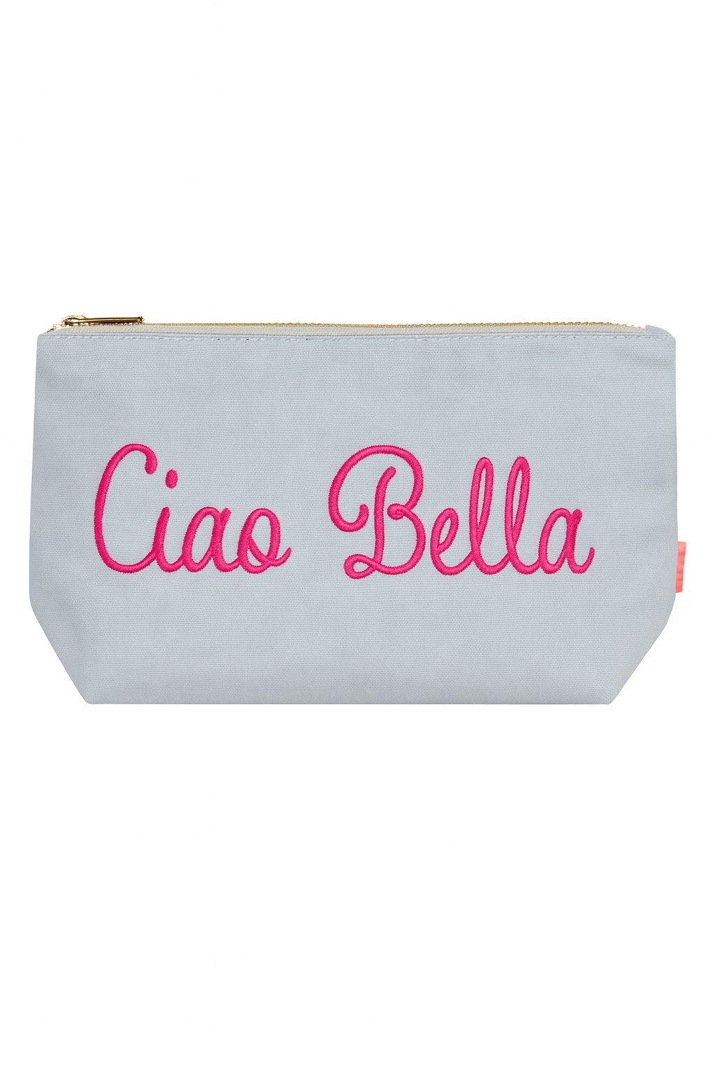 Kosmetiktasche „Ciao Bella“ | Hellblau mit pinker Stickerei – Italienisches Design & Leinen