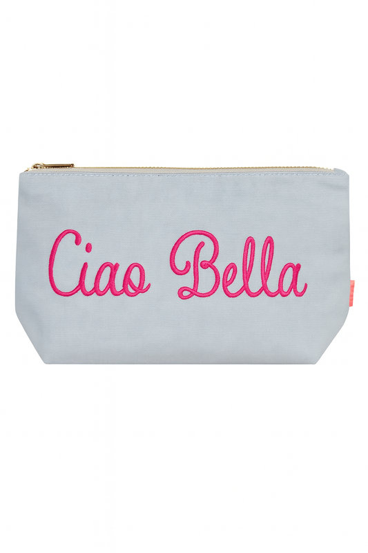 Kosmetiktasche „Ciao Bella“ | Hellblau mit pinker Stickerei – Italienisches Design & Leinen
