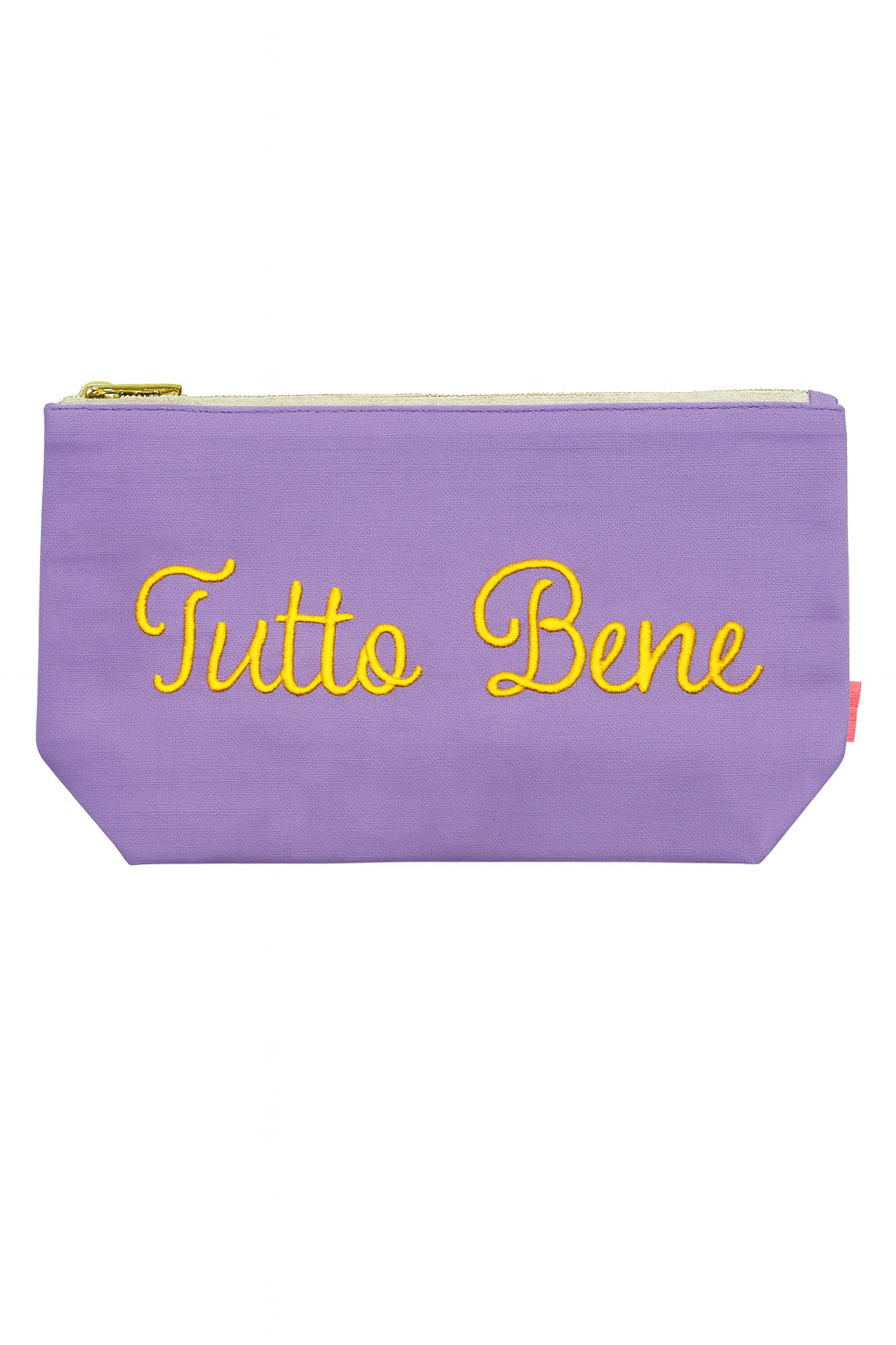 Kosmetiktasche „Tutto Bene“ | Lavendel Leinen-Tasche mit gelber Stickerei – Italienischer Stil