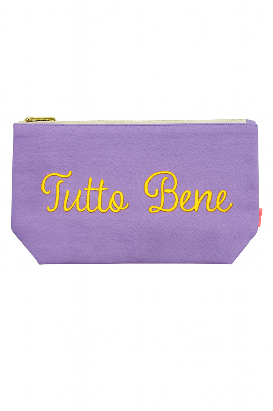 Kosmetiktasche „Tutto Bene“ | Lavendel Leinen-Tasche mit gelber Stickerei – Italienischer Stil