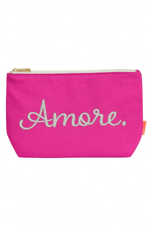 Kosmetiktasche Pink „Amore“ Leinen-Tasche mit silberner Stickerei – Italienischer Print