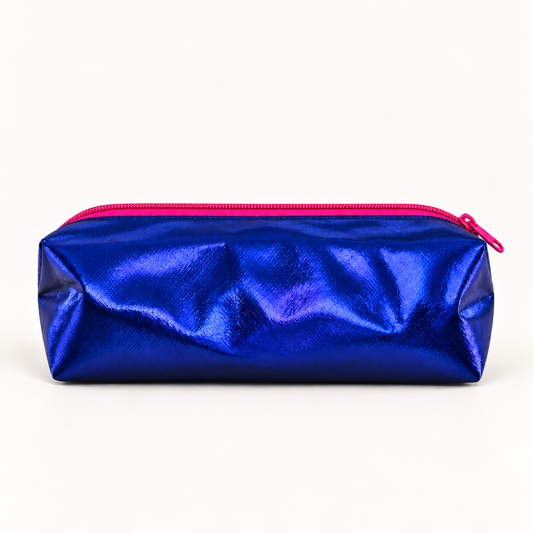 Kosmetiktasche Metallic Blau - mit pinkem Reißverschluss
