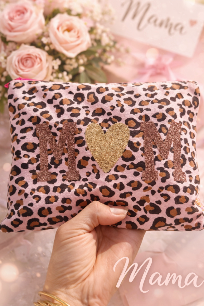 MOM Kosmetiktasche Leo mit Glitzer-Schrift-Sylisches Geschenk für Mama
