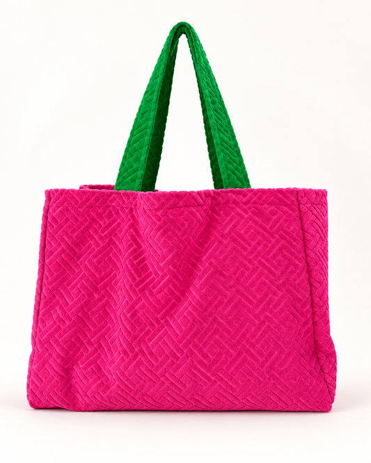 Strandtasche Pink mit grünen Henkeln