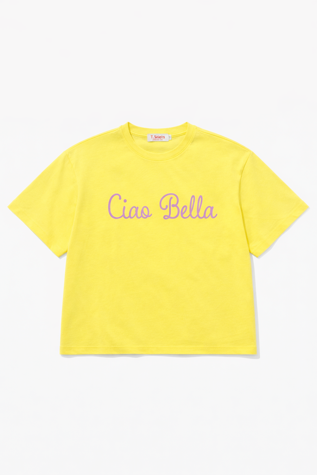 Oversize Cropped T-Shirt „Ciao Bella“ – Gelb mit fliederfarbenem Print