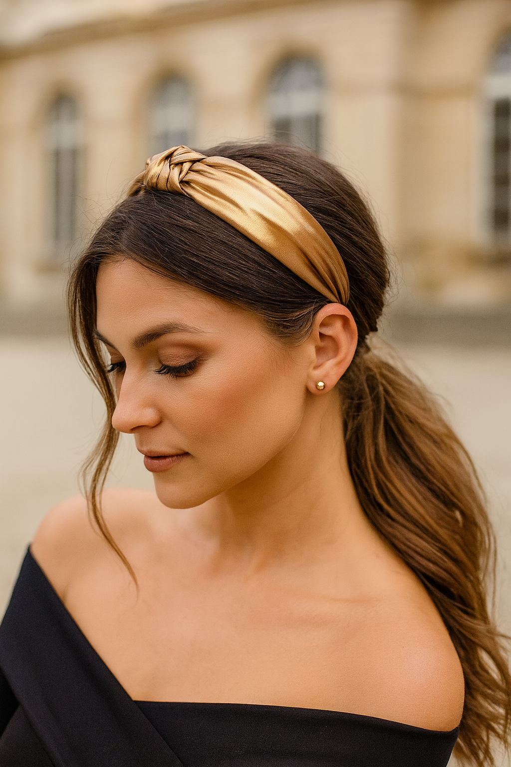 Goldener Haarreif | Glamouröser Satin-Haarreif mit Knoten – Elegantes Haaraccessoire