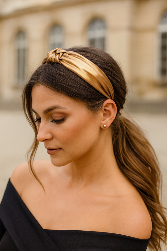Goldener Haarreif | Glamouröser Satin-Haarreif mit Knoten – Elegantes Haaraccessoire