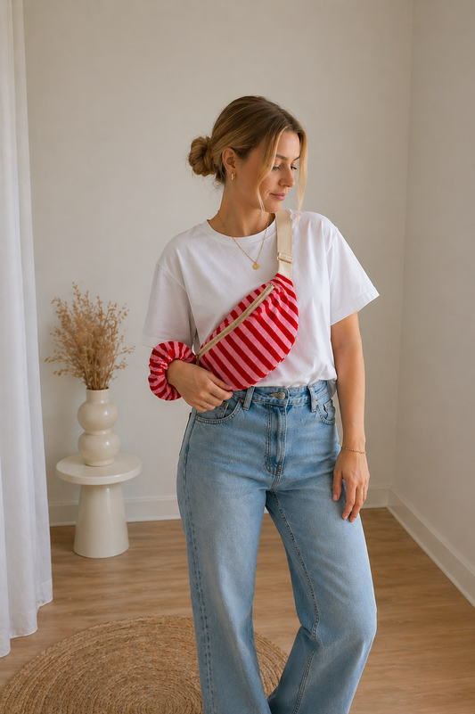 Gestreifte Gürteltasche Rot/Rosa & Scrunchie Set – Lipstick Look Crossbody Bag Damen Sommer