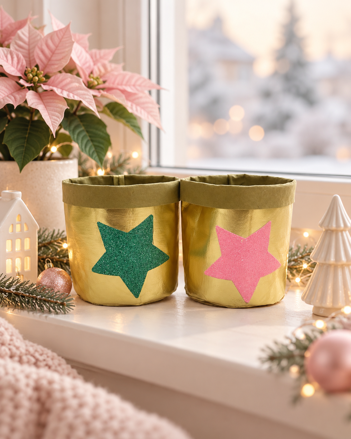 Weihnachtskörbchen mit Glitzerstern – Gold, Pink & Türkis