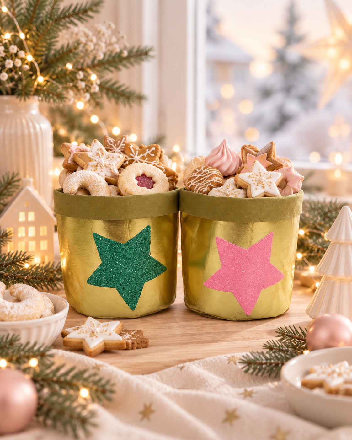 Weihnachtskörbchen mit Glitzerstern – Gold, Pink & Türkis