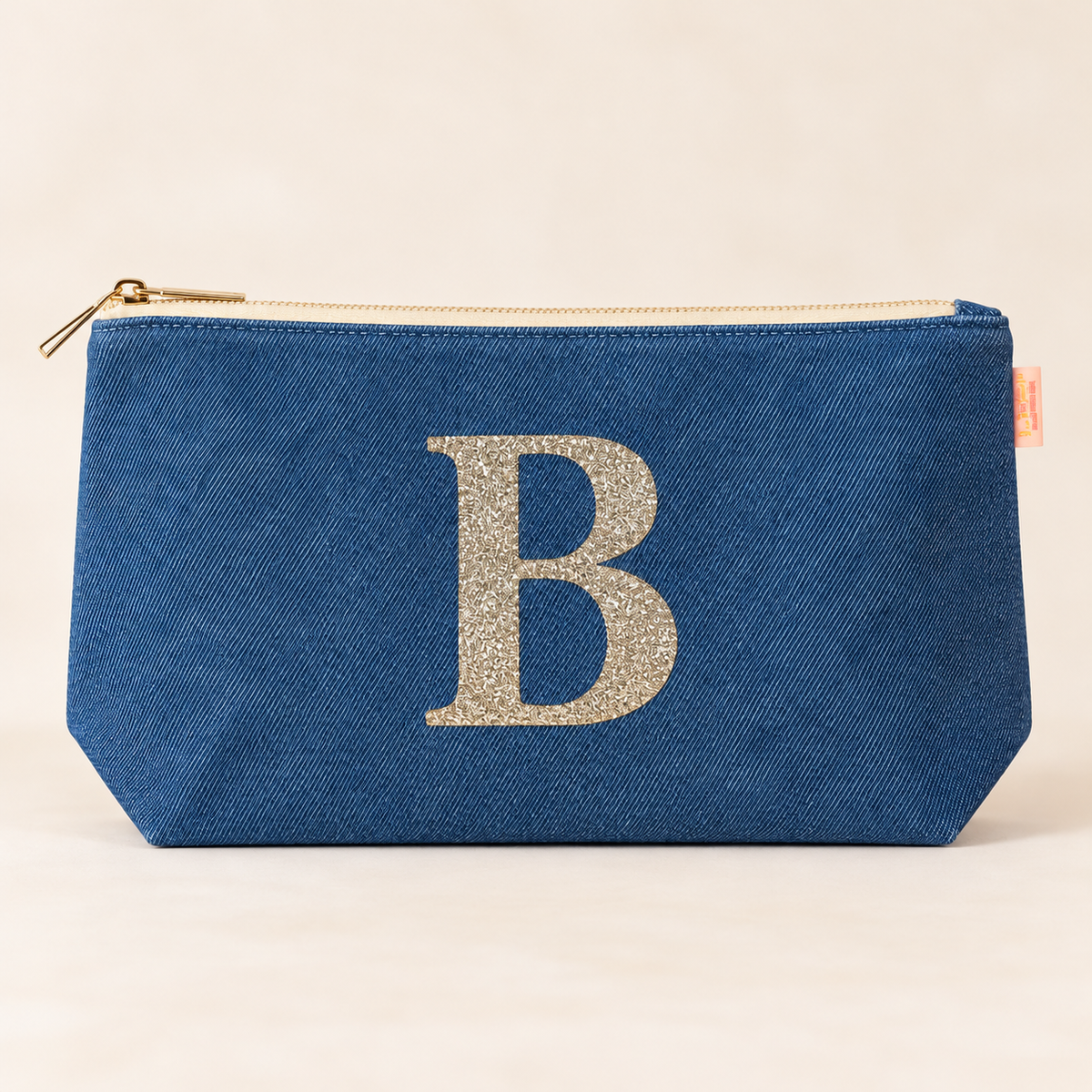 Personalisierte Kosmetiktasche aus Jeans – mit Wunschbuchstaben in Goldglitzer
