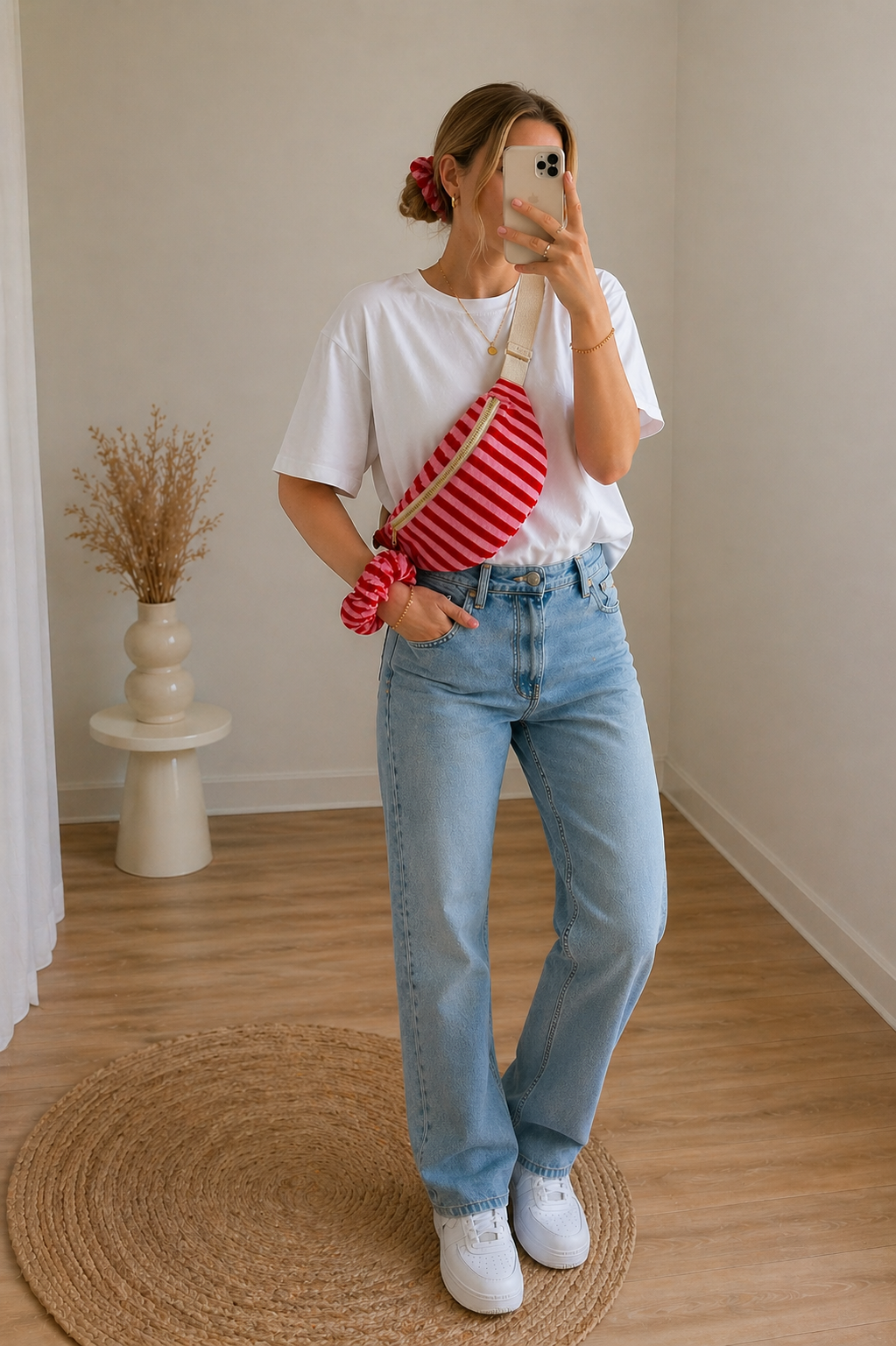Gestreifte Gürteltasche Rot/Rosa & Scrunchie Set – Lipstick Look Crossbody Bag Damen Sommer