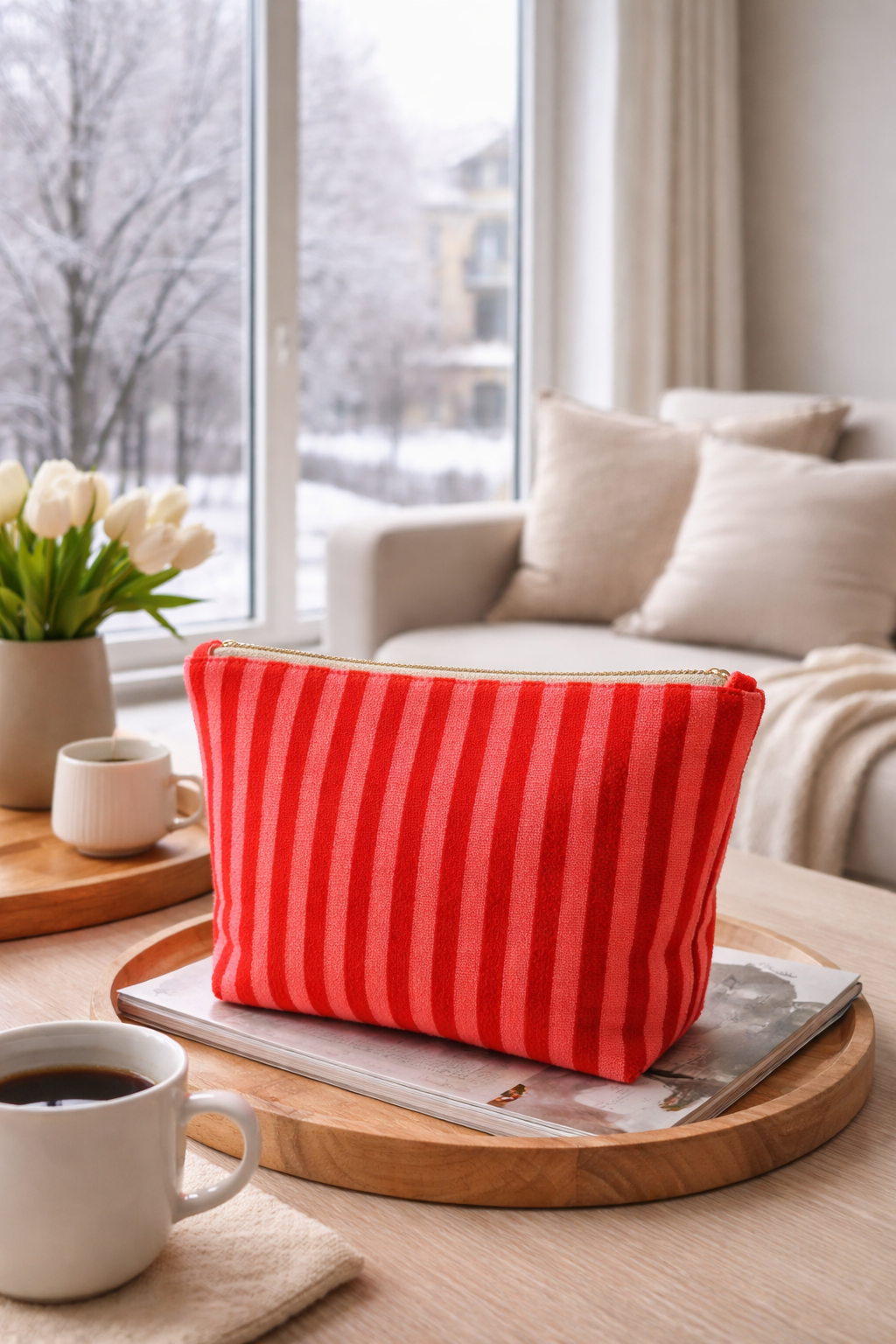 Frottee Kosmetiktasche in Rot & Pink – Stylische Makeup-Tasche im Streifenlook | Ideal für Reise & Alltag